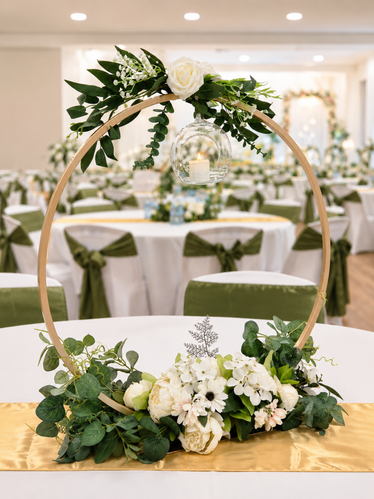 Gold hoop centrepiece with greenery and a hanging candle