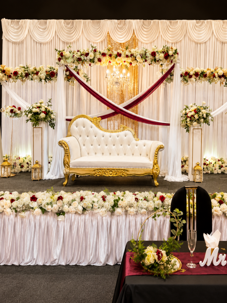 Draped wedding stage with chandelier and floral swags