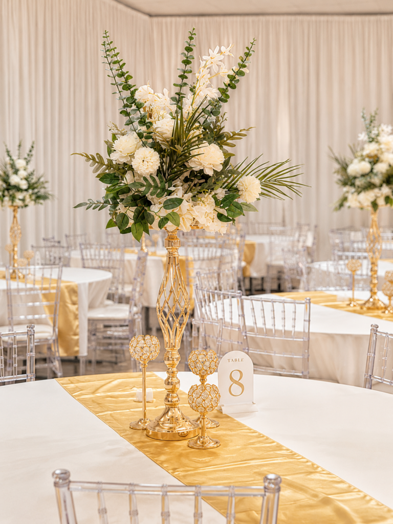 Tall gold centrepiece with white florals on a satin runner